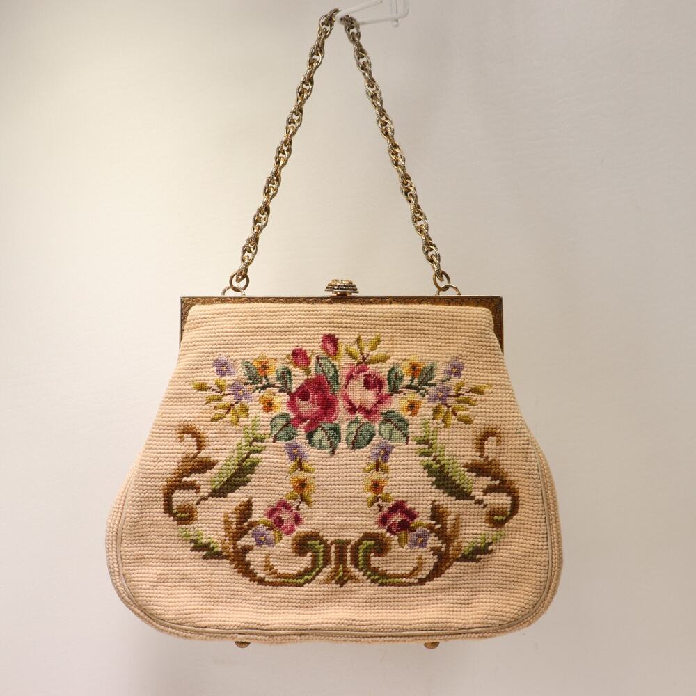 Vtg Martha Klein Floral Tapestry Handbag Women S Ivory Wool Purse Satchel Bag